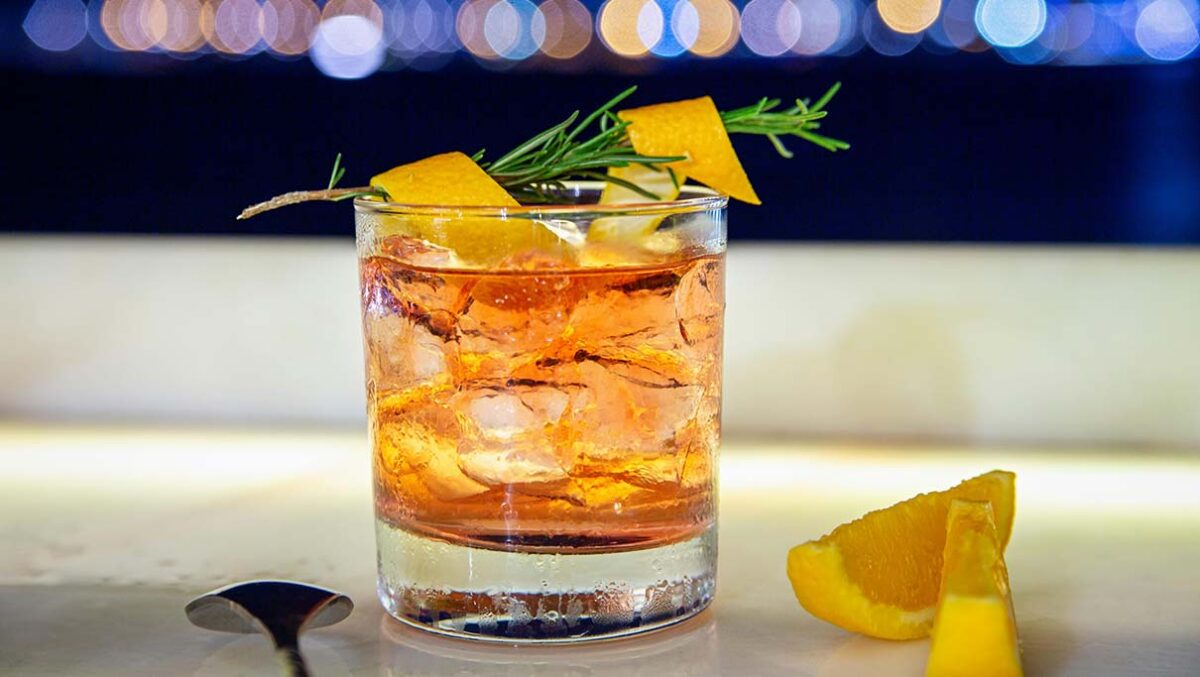 A photo of a brandy old fashioned cocktail.